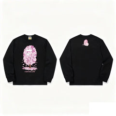BAPE Style Collegiate Arc Logo & Camo Ape Head Long-Sleeve Tee - White/Purple