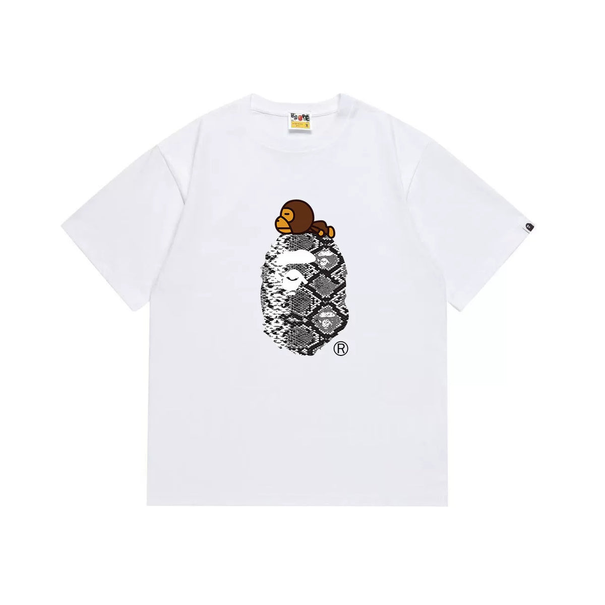 BAPE Style Snake Print & Baby Ape Head Short-Sleeve Tee - White