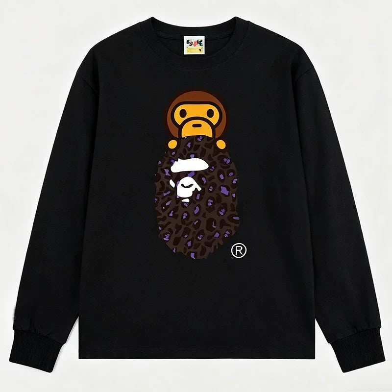 BAPE Style Baby Milo on Dark Leopard Camo Ape Head Long-Sleeve Tee - Black/Dark Leopard