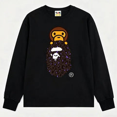 BAPE Style Baby Milo on Dark Leopard Camo Ape Head Long-Sleeve Tee - Black/Dark Leopard