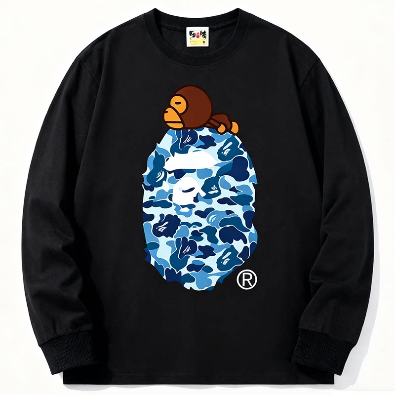 BAPE Style Baby Milo on Camo Ape Head Long-Sleeve Tee - Black/Blue
