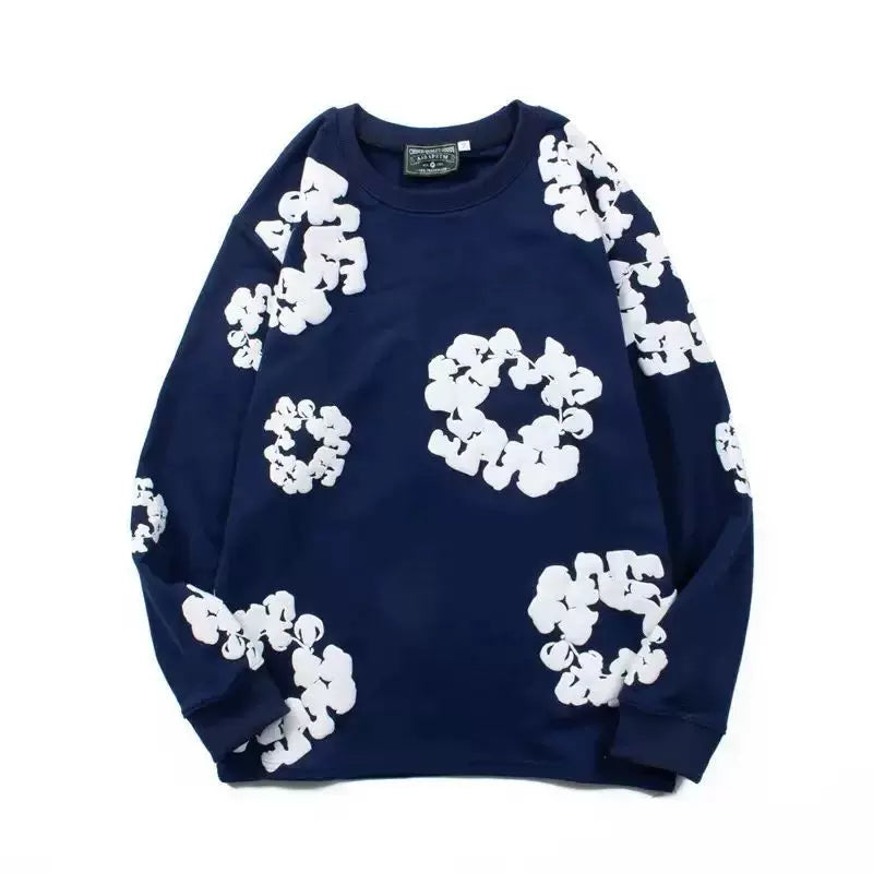 "Denim Tears" Navy Blue Floral Pattern Full-Zip Hoodie