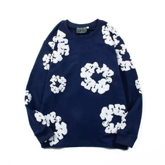 "Denim Tears" Navy Blue Floral Pattern Full-Zip Hoodie
