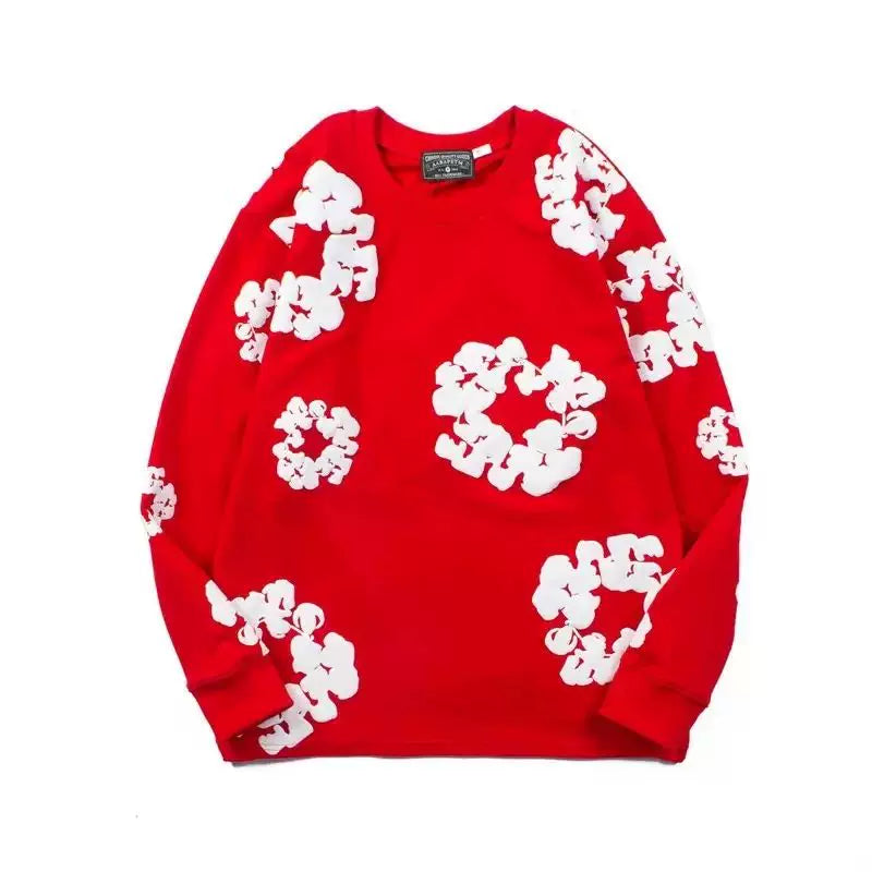 "Denim Tears" Red Floral Pattern Full-Zip Hoodie