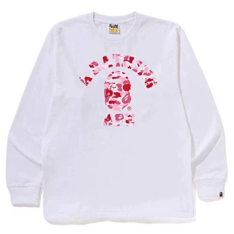 BAPE Style Arch Logo Camo Ape Head Long-Sleeve Tee - White/Pink