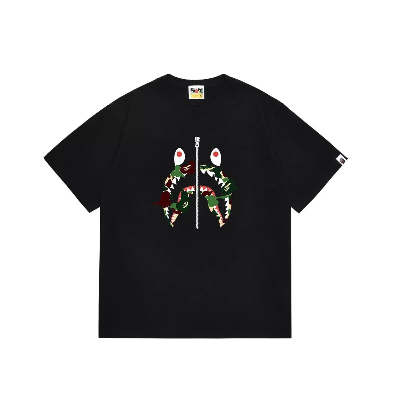 BAPE Style Camo Shark Full-Zip Motif Short-Sleeve Tee - Black/Classic Green