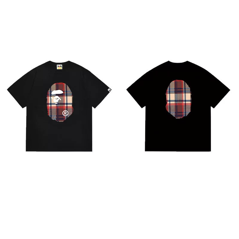 BAPE Style Tartan Plaid Ape Head Short-Sleeve Tee - Black