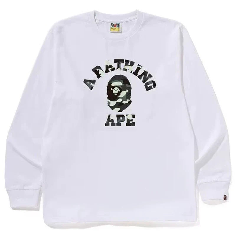 BAPE Style Arch Logo Monochrome Camo Ape Head Long-Sleeve Tee - White