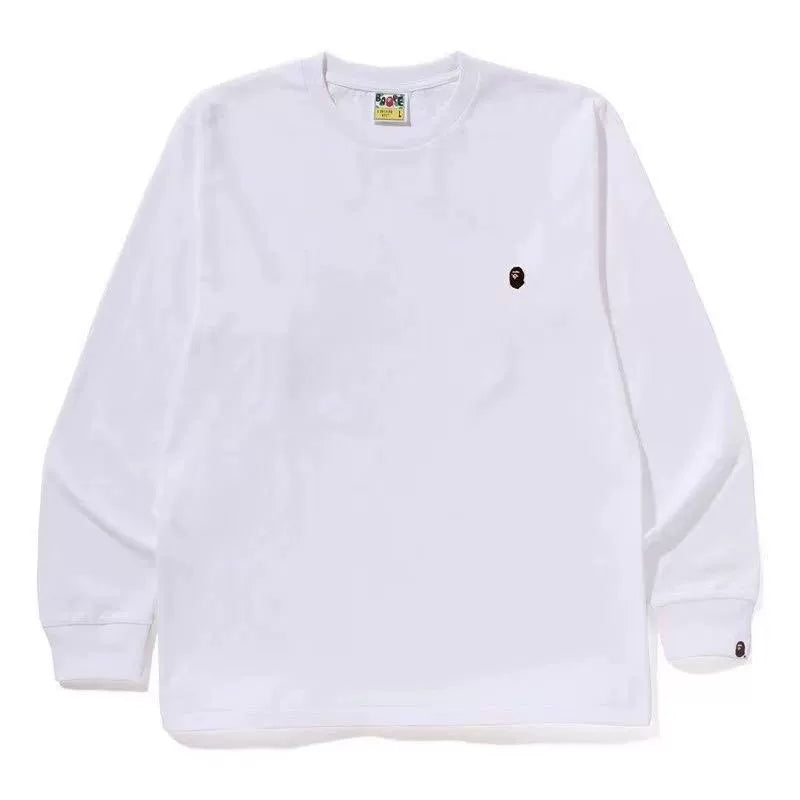 BAPE Style Minimalist Embroidered Ape Head Long-Sleeve Tee - Solid White
