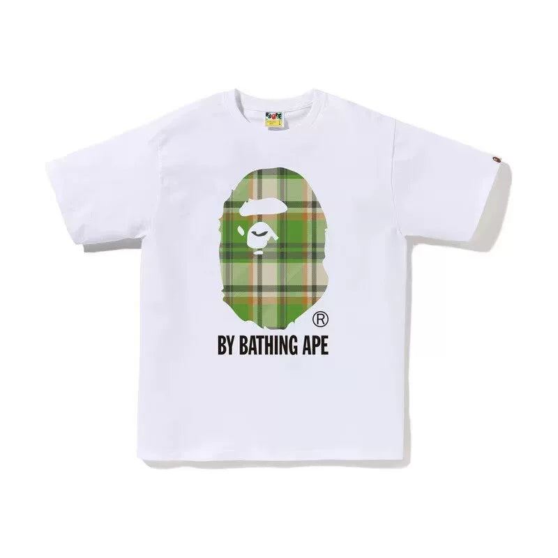 BAPE Style Tartan Plaid Big Ape Head Short-Sleeve Tee - White/Green