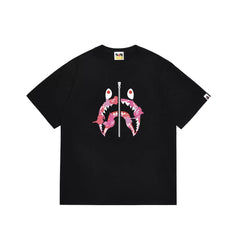 BAPE Style Camo Shark Full-Zip Motif Short-Sleeve Tee - Black/Pink
