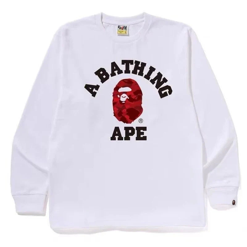 BAPE Style Collegiate Arc Logo & Camo Ape Head Long-Sleeve Tee - White/Red