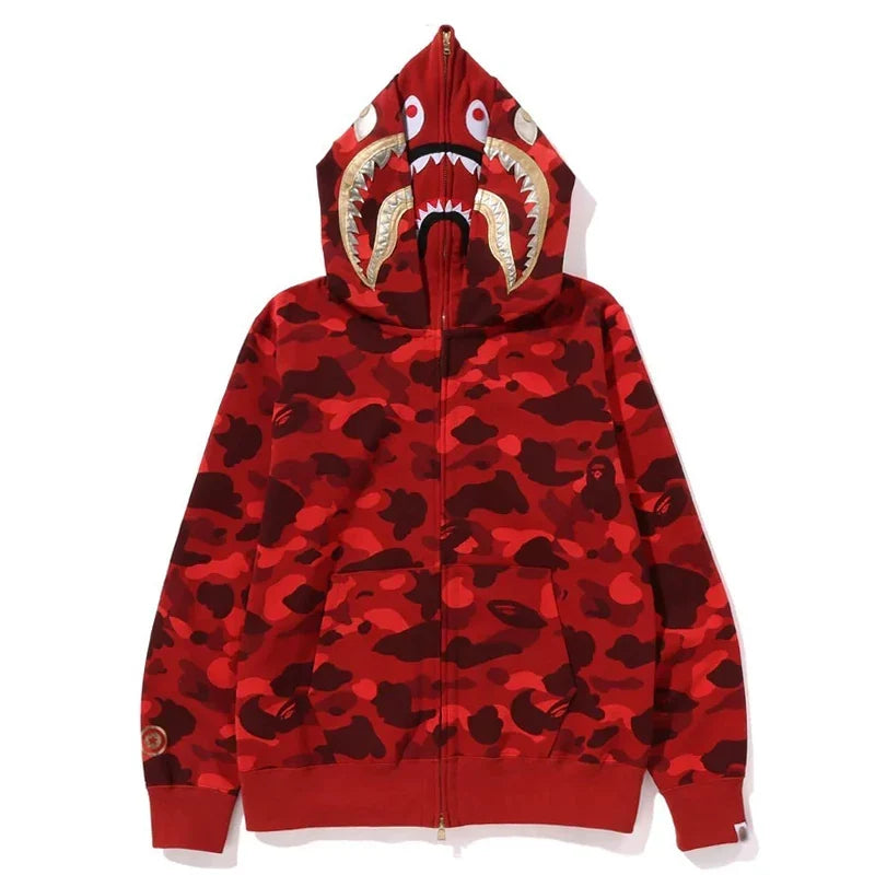 BAPE Style Camo Gold Shark Teeth Full-Zip Hoodie - Red
