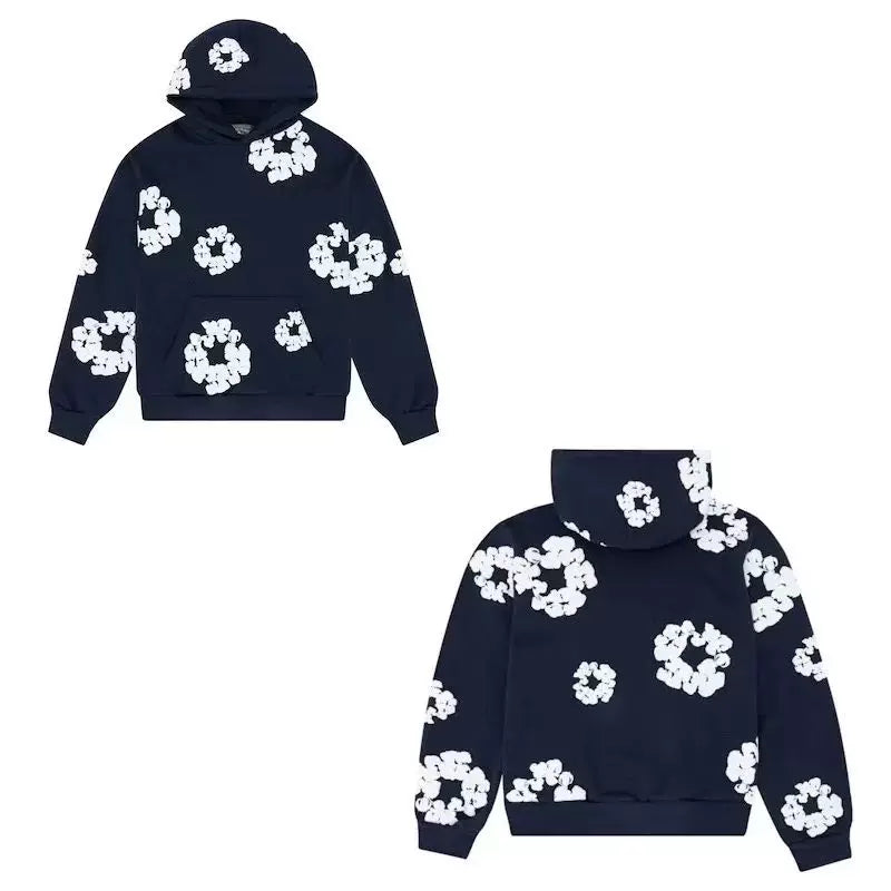 "Denim Tears" Navy Blue Floral Pattern Full-Zip Hoodie