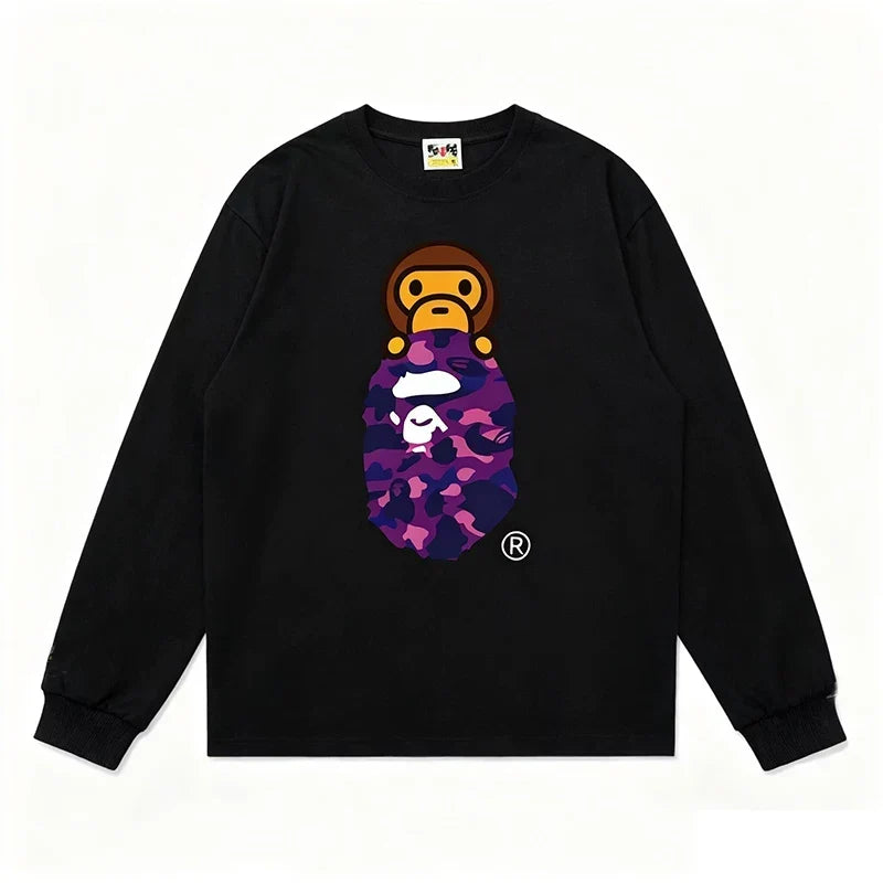 BAPE Style Baby Milo Peeking on Camo Ape Head Long-Sleeve Tee - Black/Purple