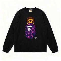 BAPE Style Baby Milo Peeking on Camo Ape Head Long-Sleeve Tee - Black/Purple
