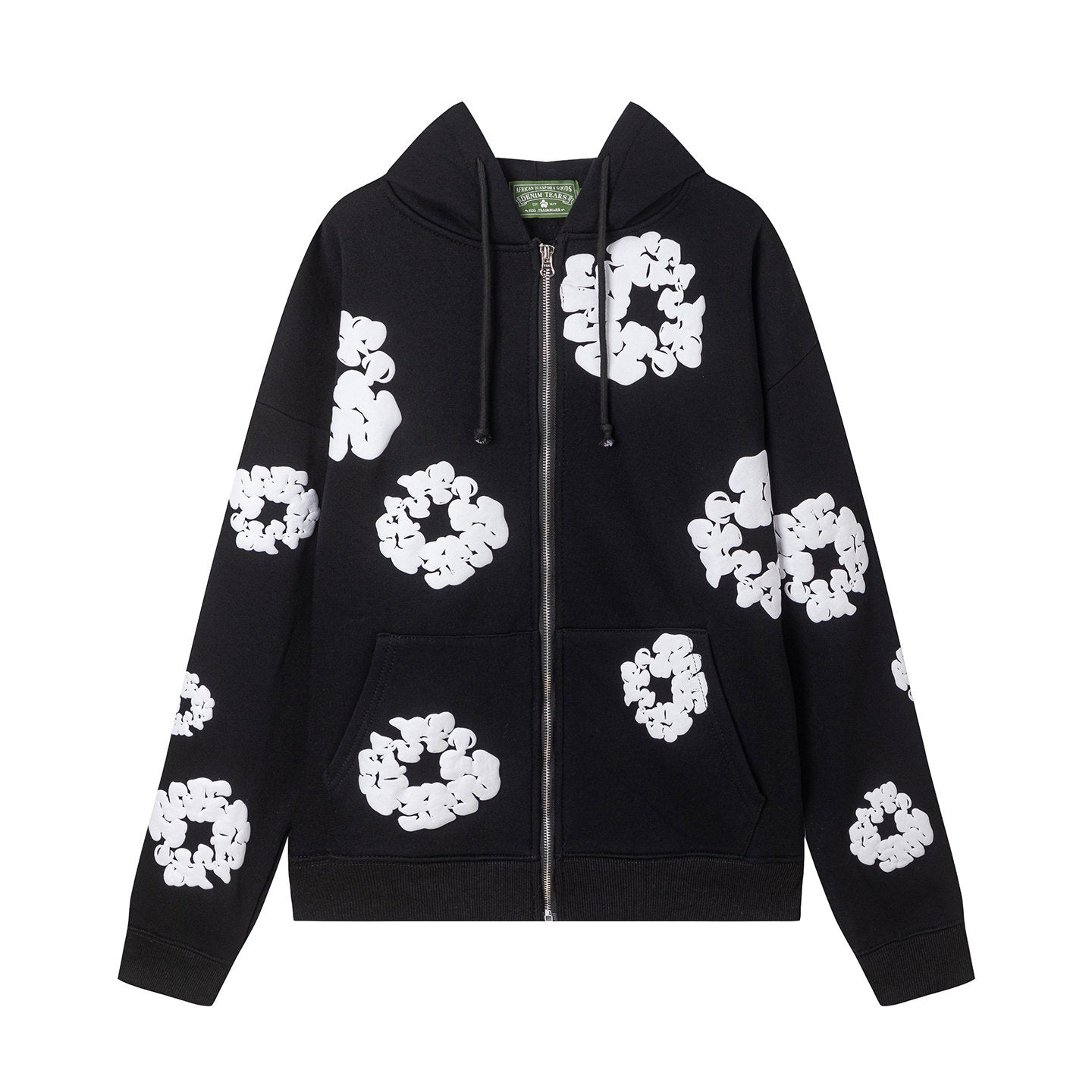 "Denim Tears" Black Floral Pattern Full-Zip Hoodie