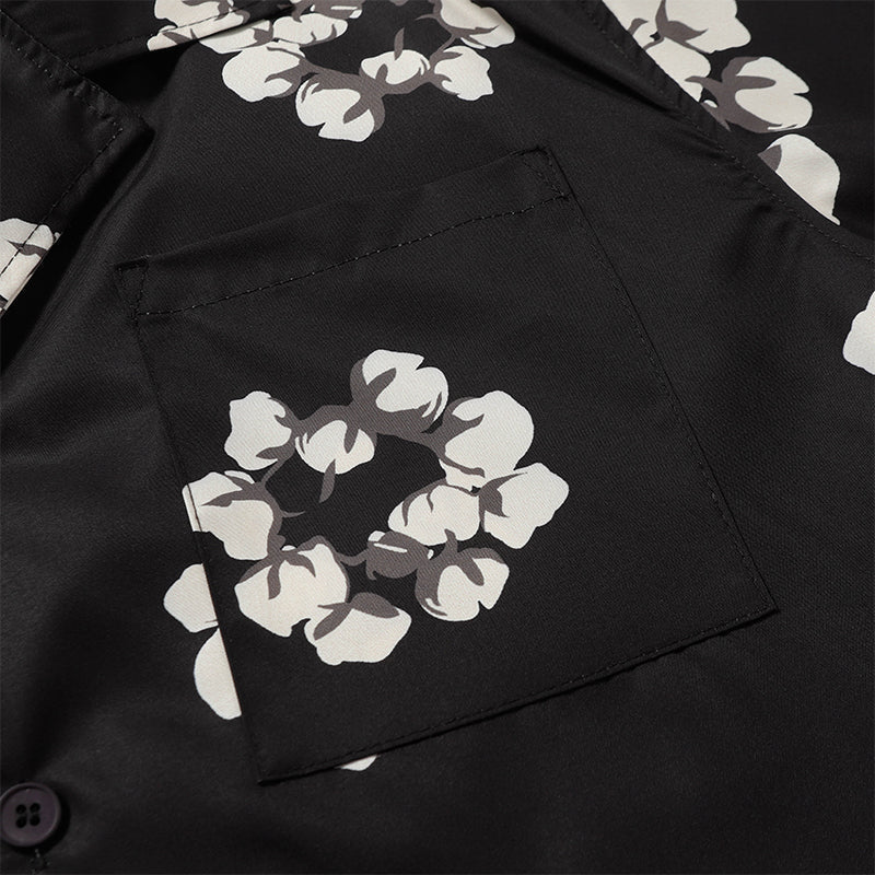 Denim Tears Black Base White Floral Wreath Print Camp Collar Short