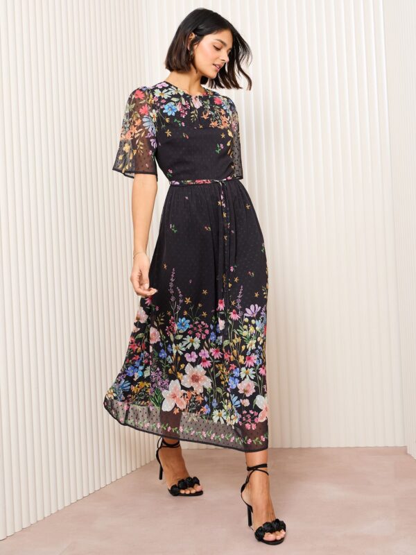 Friends Like These Black Floral Chiffon Dobby Midi Dress