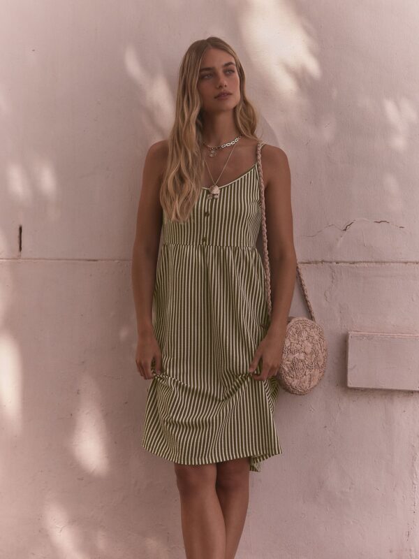 Khaki Green/White Button Down 100% Cotton Cami Summer Dress